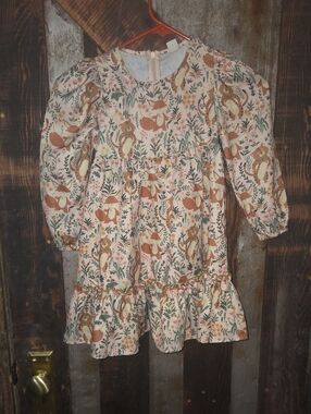 SHEIN Pink Floral & Fox Print Long Sleeve Ruffle Hem Dress